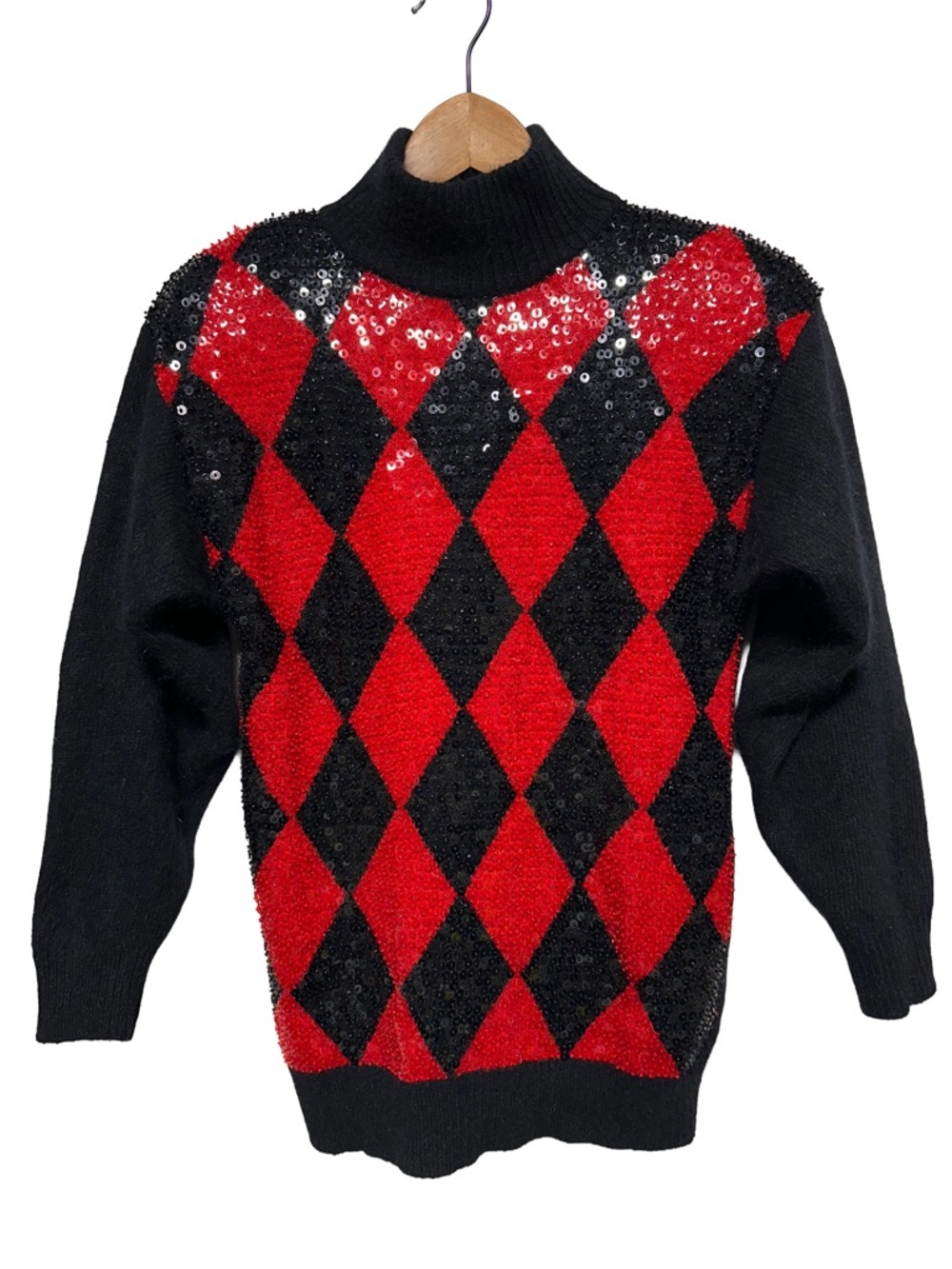 Vintage 1990 Sequin Argyle Angora Wool Turtleneck Sweater Small